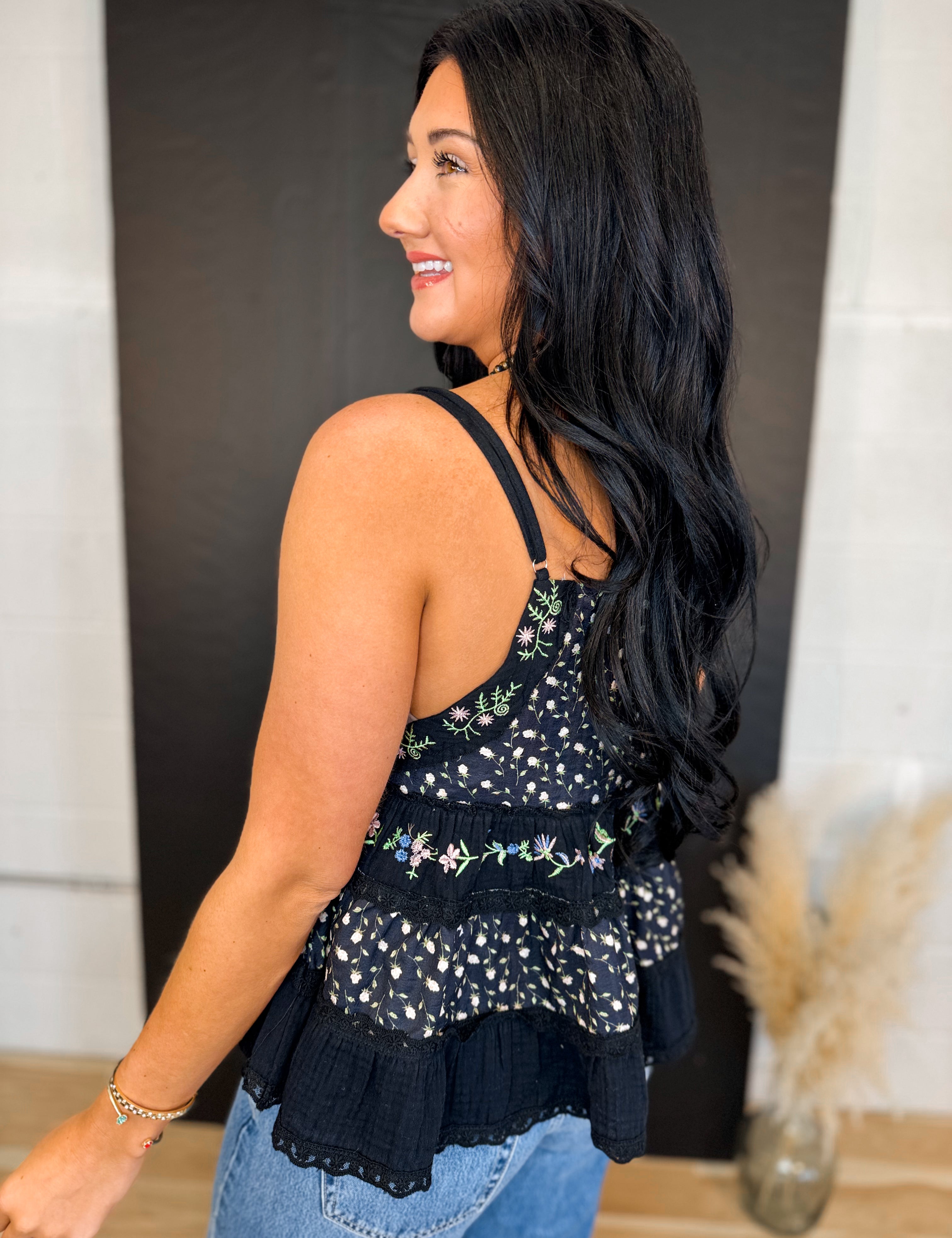 POL Floral Embroidered Flared Tank Top - Black - Lace and Grace Boutique