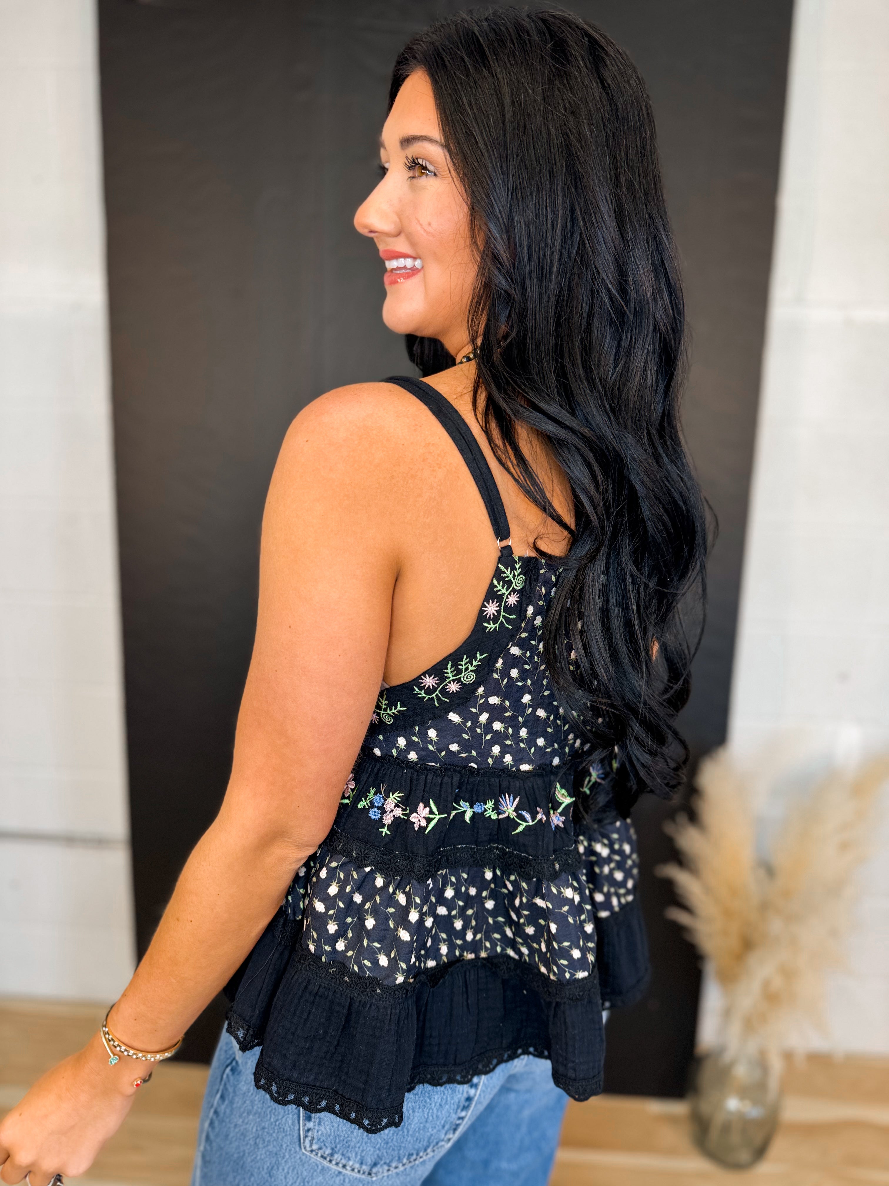 POL Floral Embroidered Flared Tank Top - Black - Lace and Grace Boutique