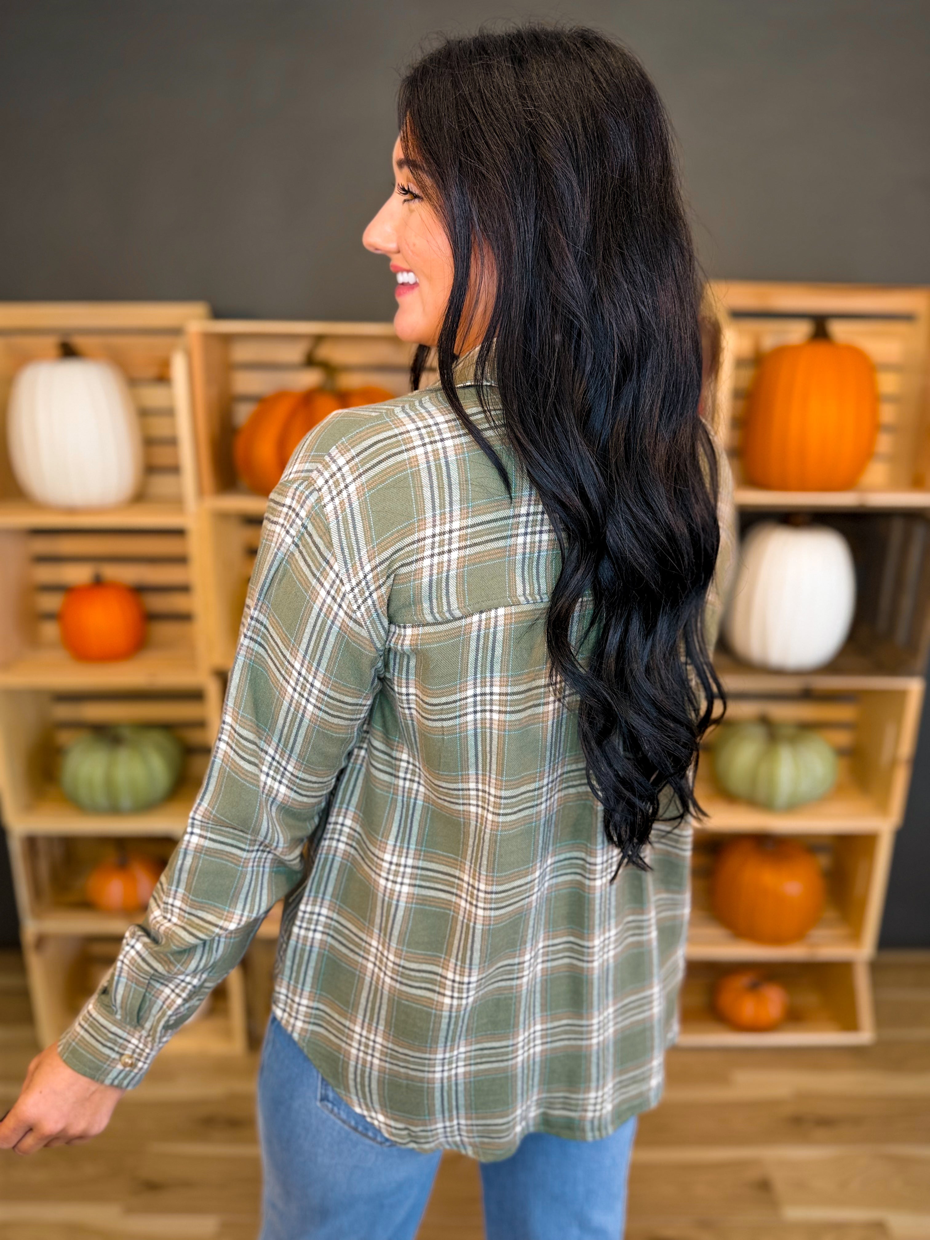 Plaid Button Up Flannel Shirt - Olive - Lace and Grace Boutique