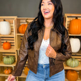 Faux Leather Zippered Utility Jacket - Brown