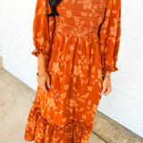Textured Floral Smocked Maxi Dress - Burnt Orange