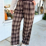 Checkered Plaid Printed Relaxed Wide Leg Pants - Brown