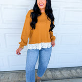 Lace Trim Thermal Knit Top - Sepia
