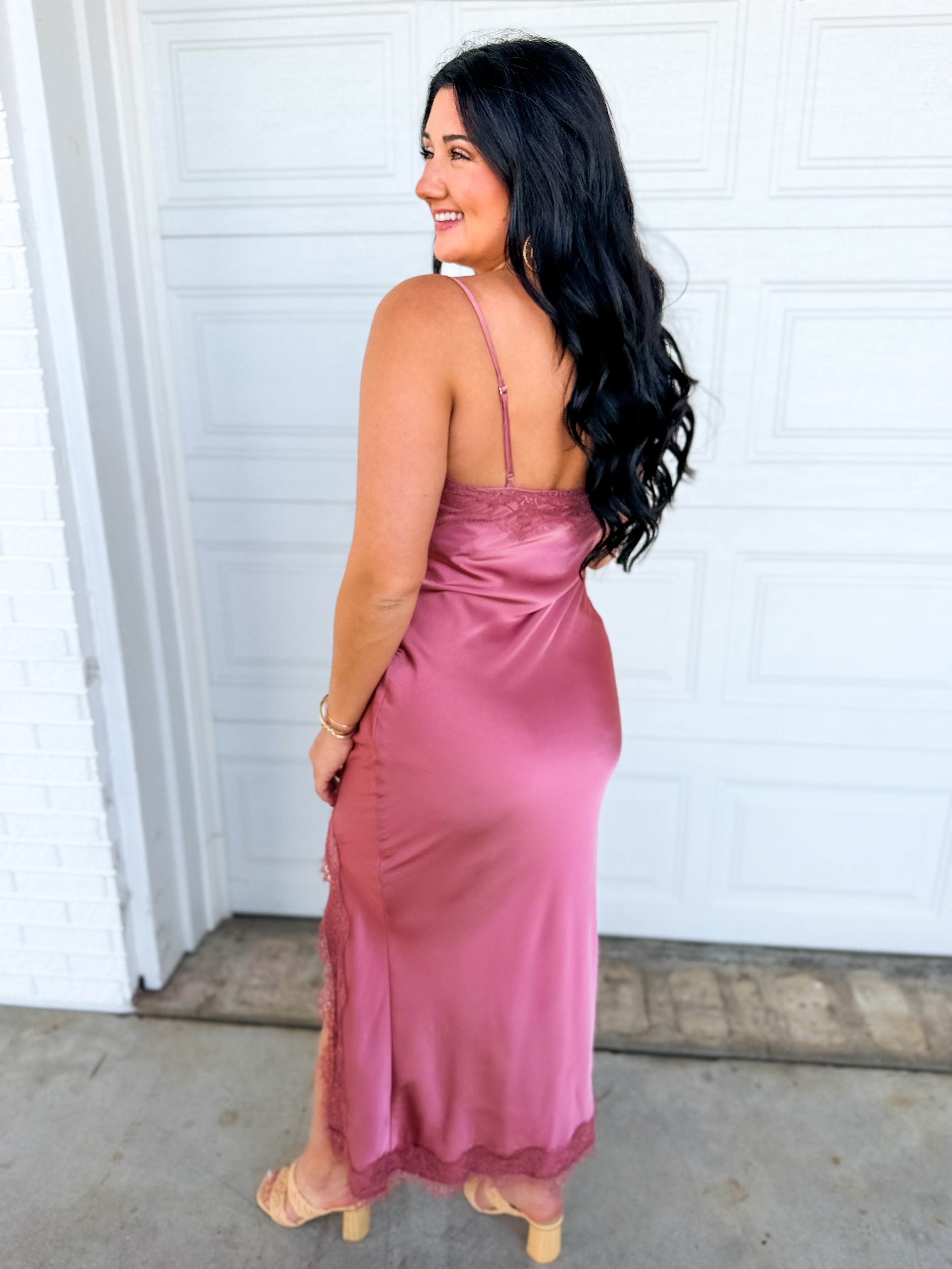 Lace Detail Side Slit Maxi Dress - Antique Rose - Lace and Grace Boutique