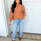 POL Cable Knit Balloon Sleeve Pullover Sweater - Burnt Topaz