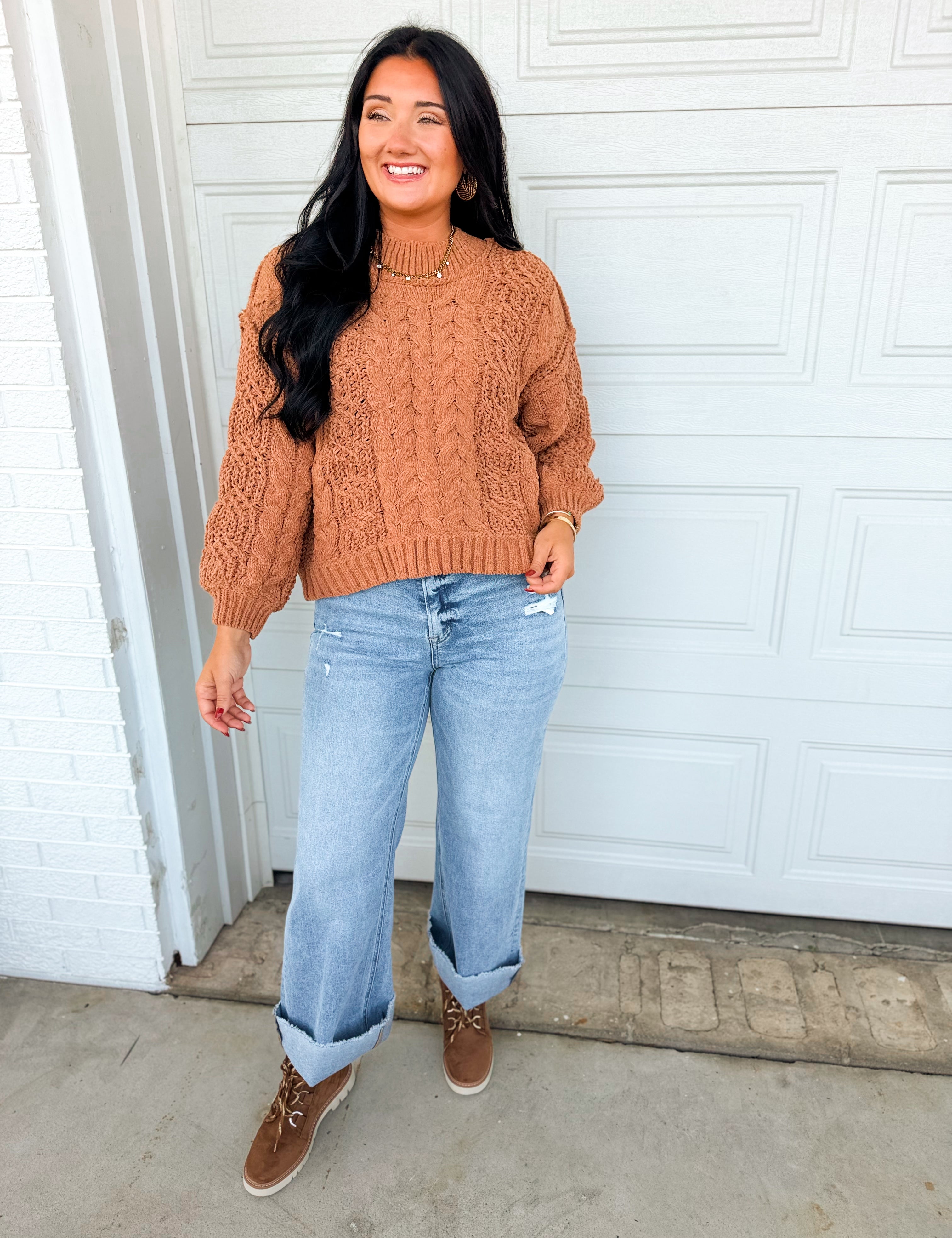 POL Cable Knit Balloon Sleeve Pullover Sweater - Burnt Topaz - Lace and Grace Boutique