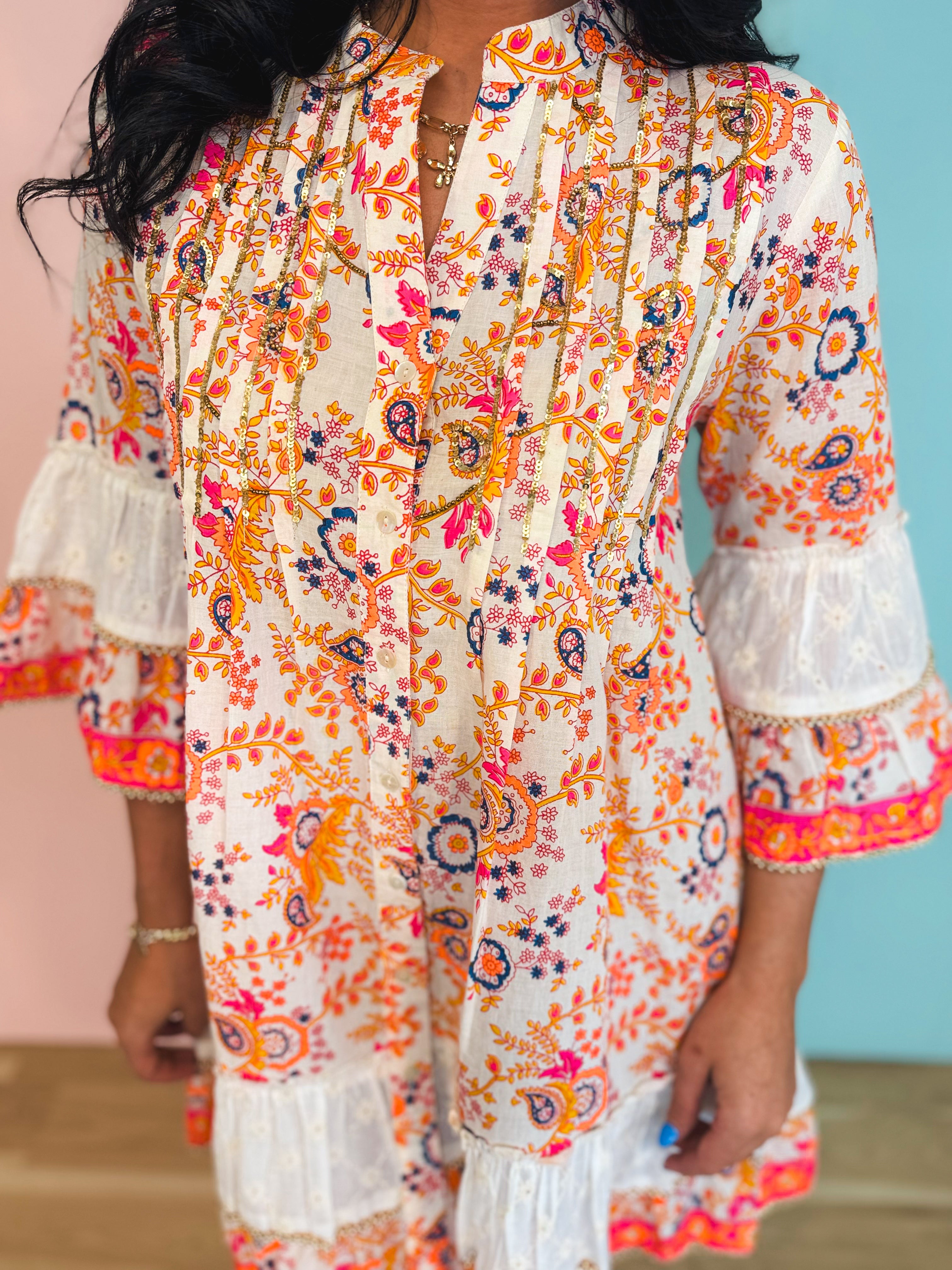 POL Paisley Beaded Mandarin Dress - Ivory/Orange Multi - Lace and Grace Boutique