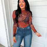 Patchwork Print Mock Neck Mesh Top - Brown Multi