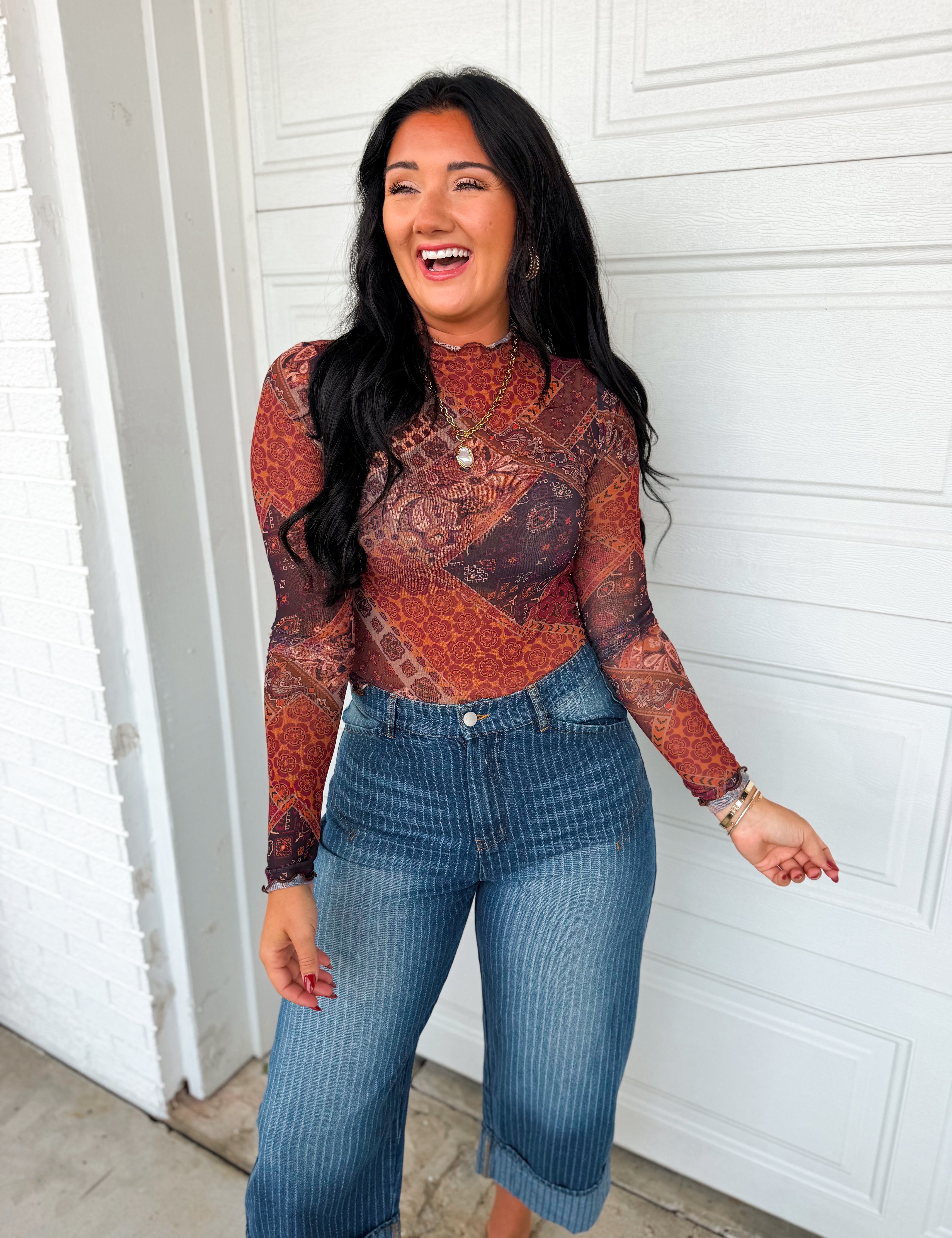 Patchwork Print Mock Neck Mesh Top - Brown Multi - Lace and Grace Boutique