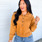 Mineral Washed Button Detail Terry Pullover - Camel