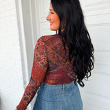 Patchwork Print Mock Neck Mesh Top - Brown Multi