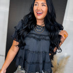 Tiered Ruffle Lace Trim Swing Top - Black - Lace and Grace Boutique