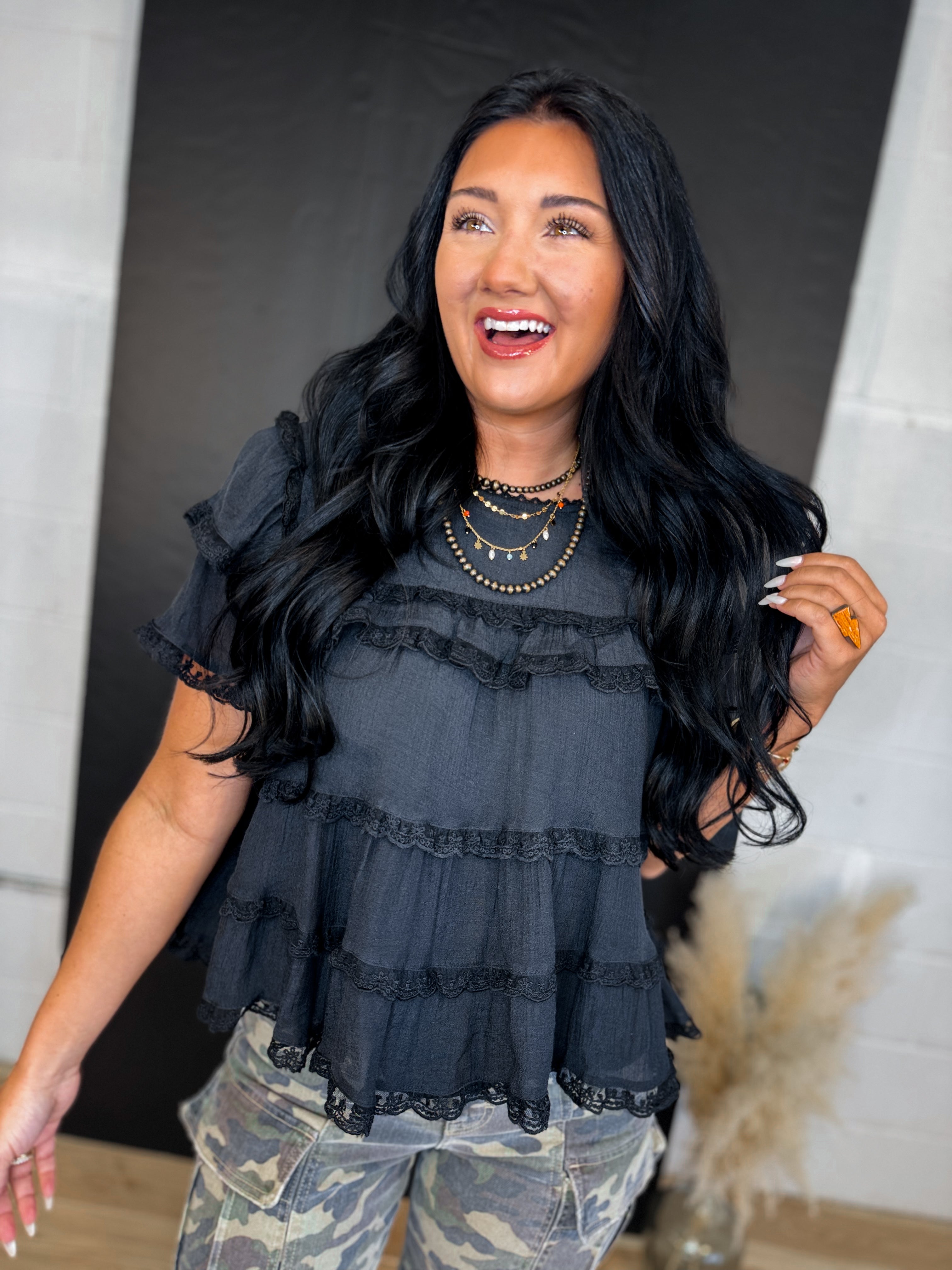 Tiered Ruffle Lace Trim Swing Top - Black - Lace and Grace Boutique