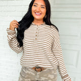 Striped Button Detail Henley Knit Sweater - Mocha/Off White