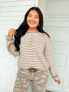 Striped Button Detail Henley Knit Sweater - Mocha/Off White - Lace and Grace Boutique