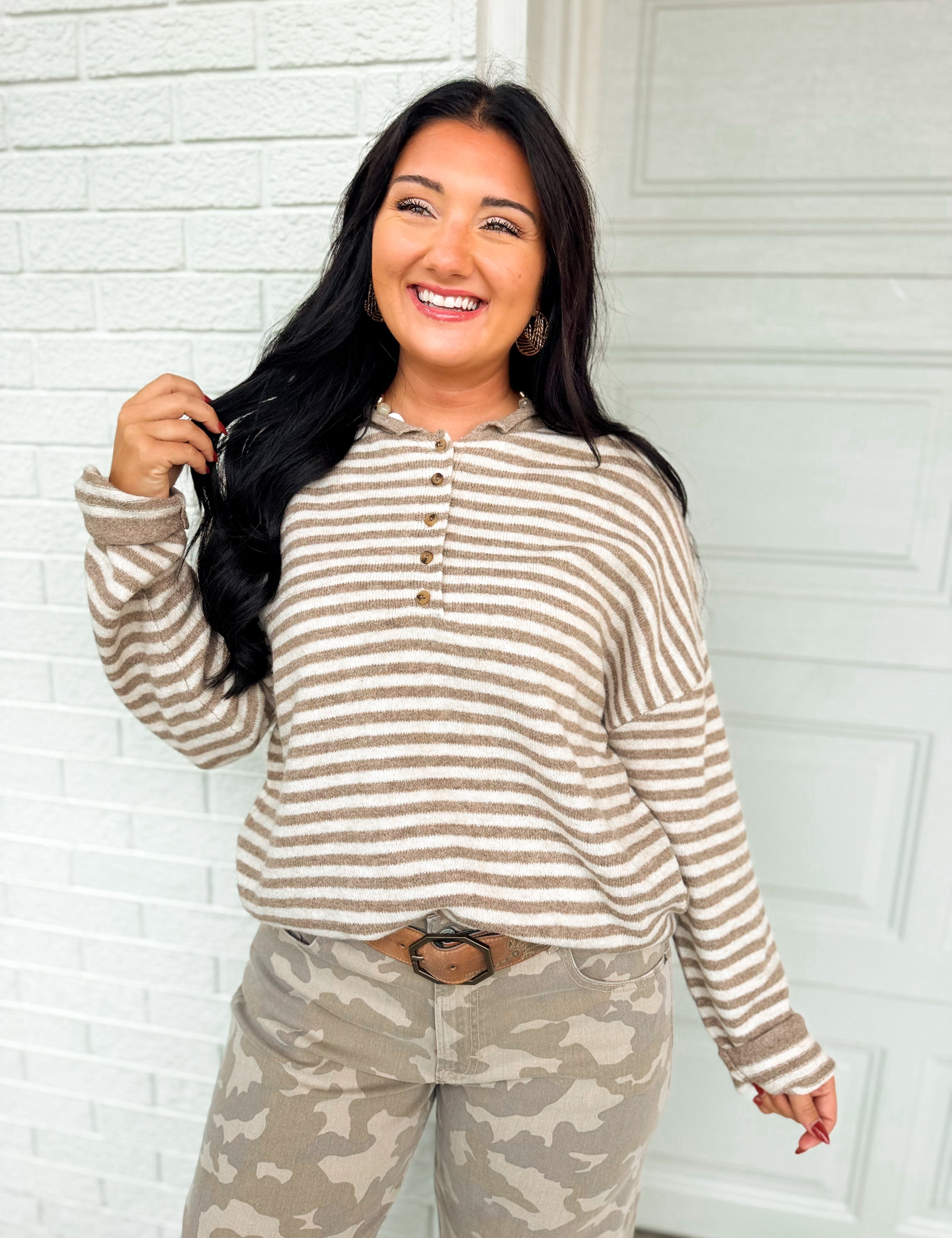 Striped Button Detail Henley Knit Sweater - Mocha/Off White - Lace and Grace Boutique