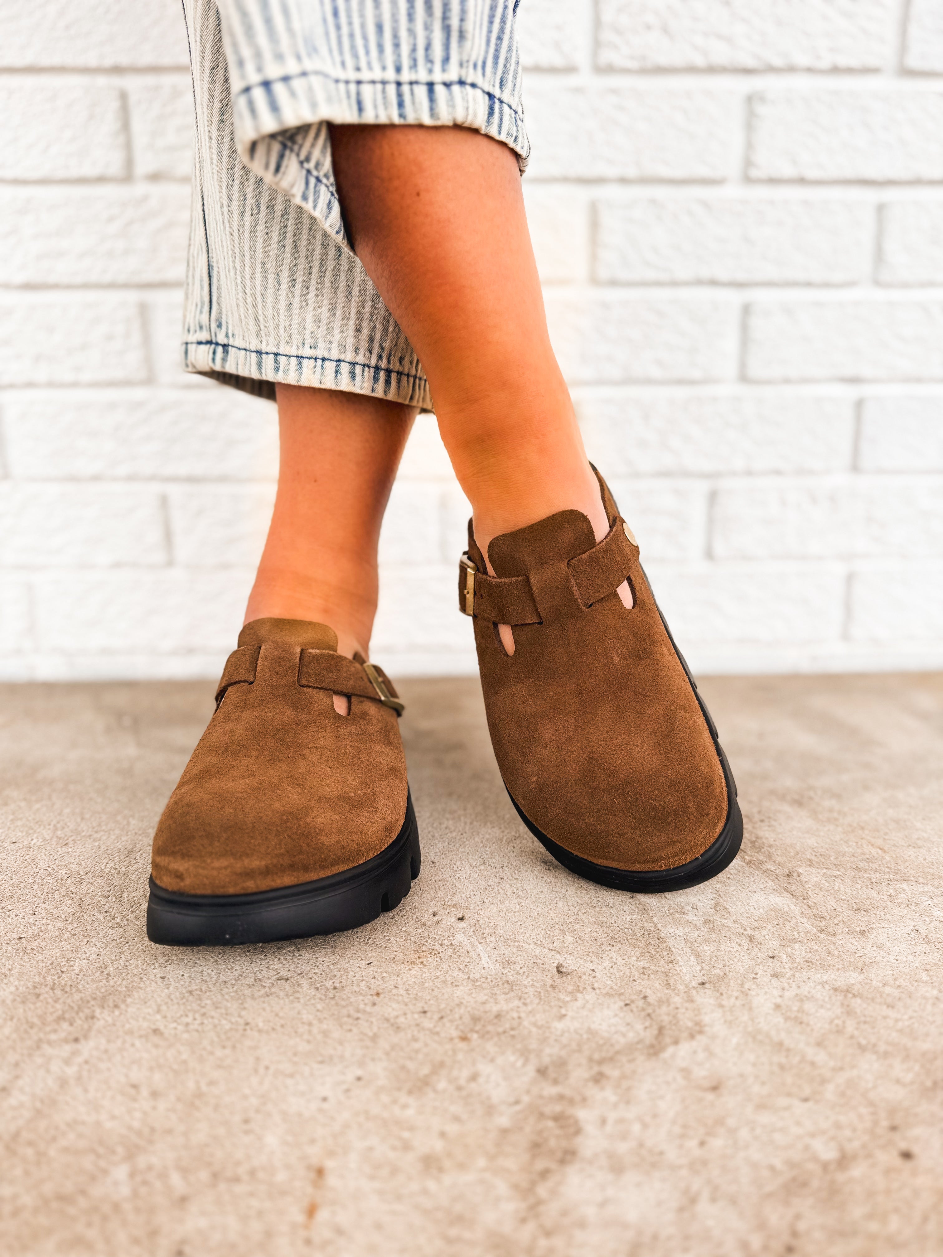 Birkenstock Boston Chunky Suede Leather Clog - Dark Tea/Black - Lace and Grace Boutique