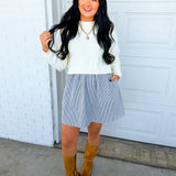 Sweater Back Tie Striped Twofer Mini Dress - Cream/Olive