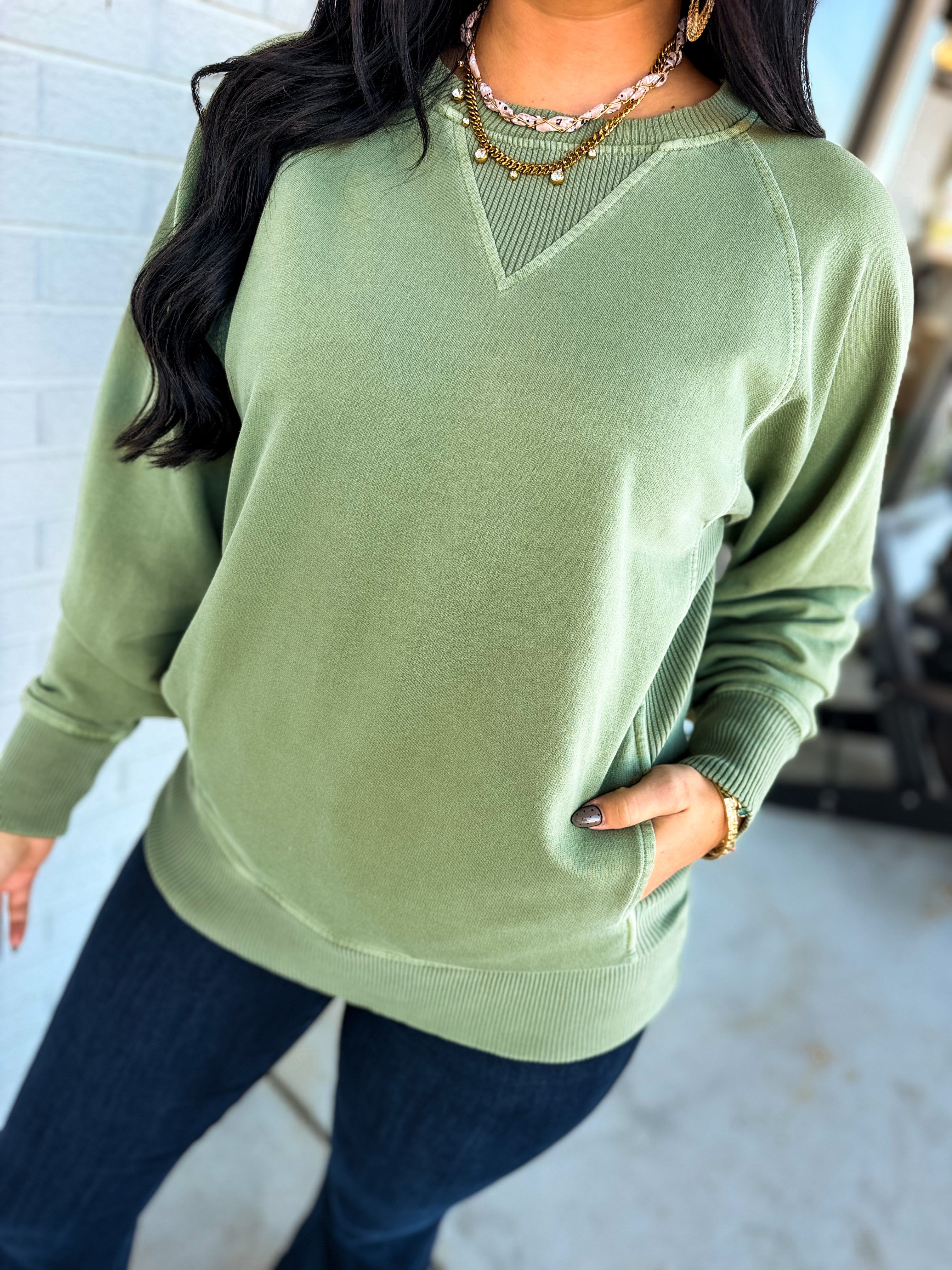 Pigment Dyed French Terry Pullover - Light Olive - Lace and Grace Boutique