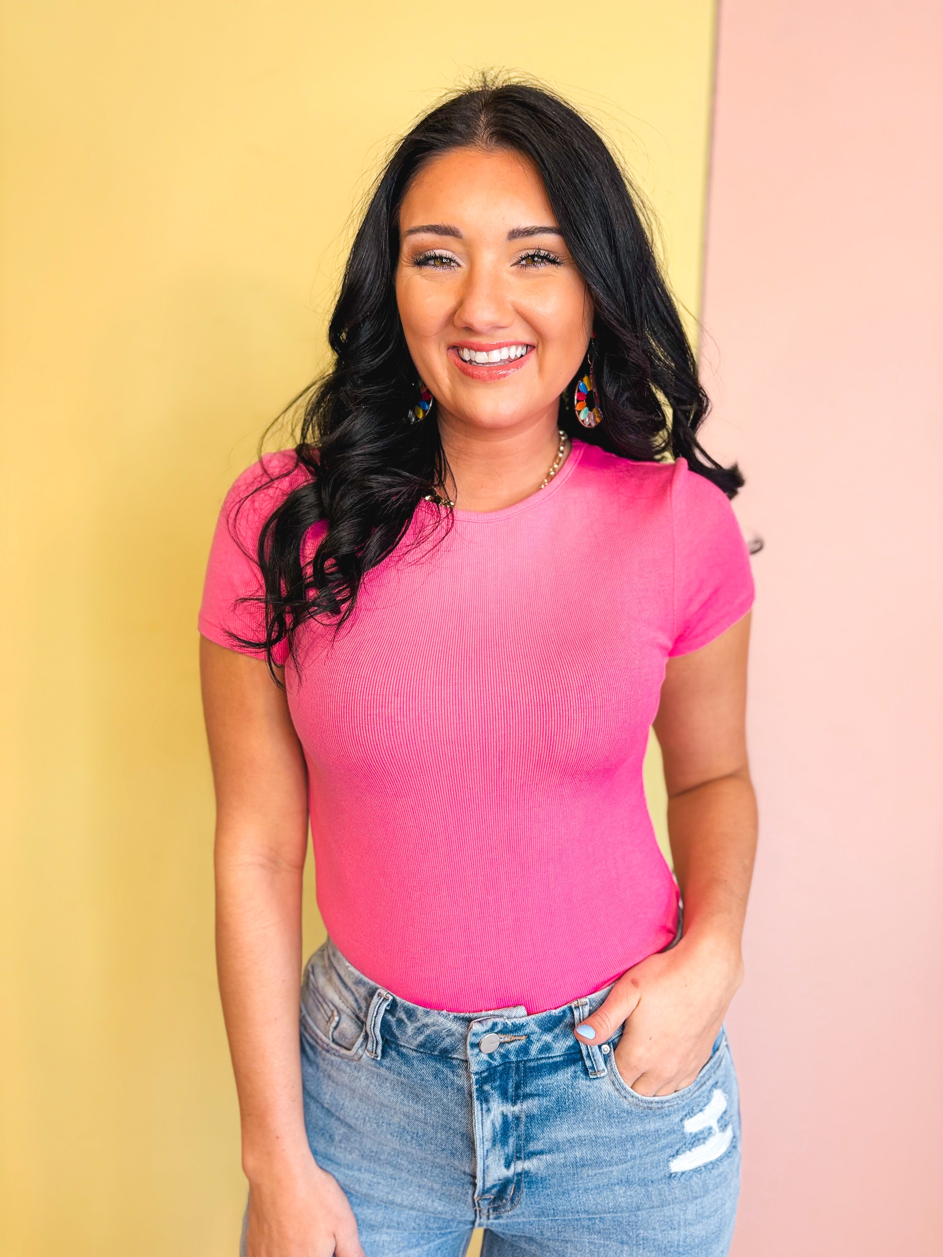 Basic Knit Short Sleeve Top - Punch - Lace and Grace Boutique