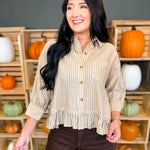 Striped Button Up Ruffle Hem Top - Taupe - Lace and Grace Boutique