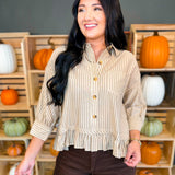Striped Button Up Ruffle Hem Top - Taupe - Lace and Grace Boutique