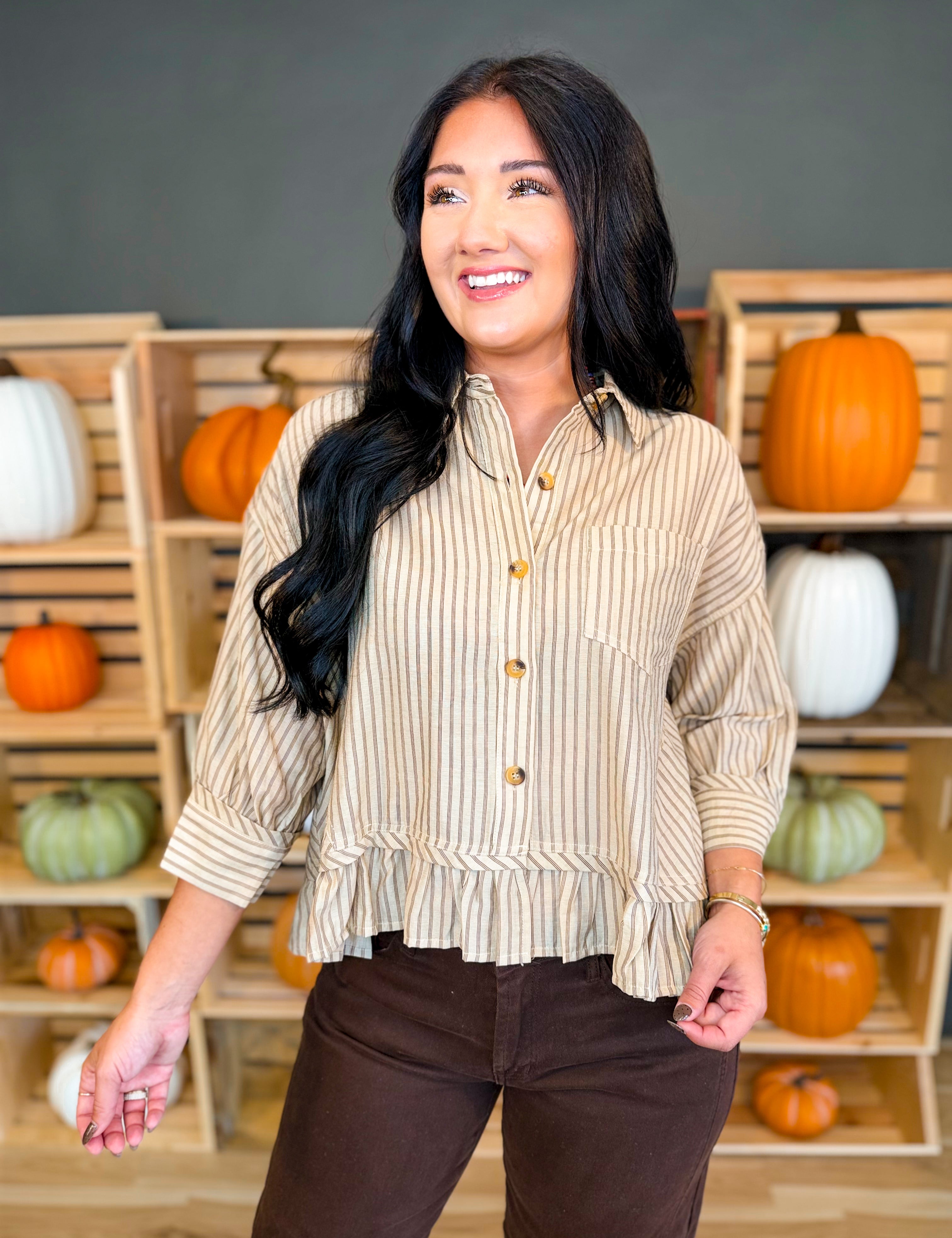 Striped Button Up Ruffle Hem Top - Taupe - Lace and Grace Boutique