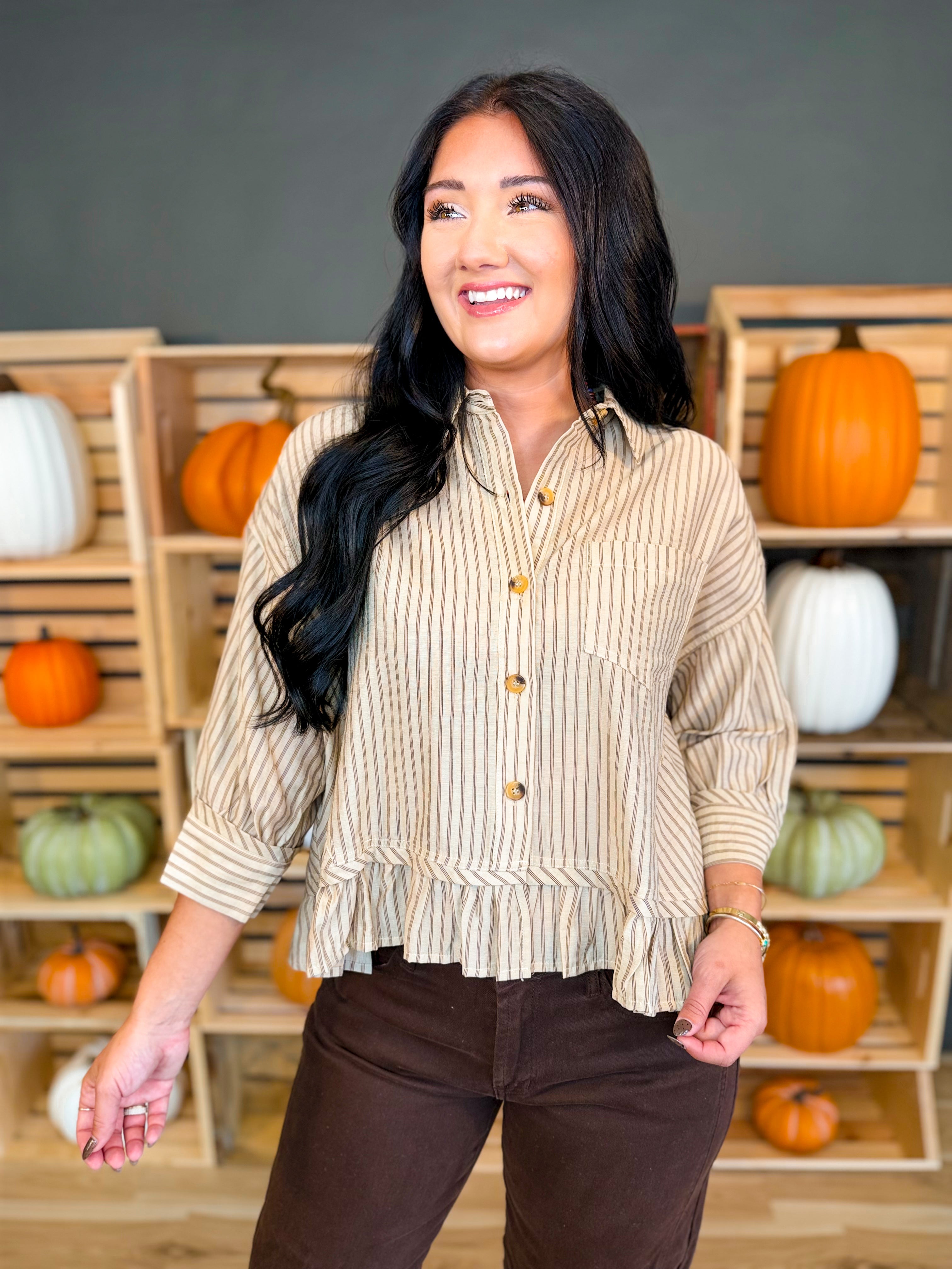 Striped Button Up Ruffle Hem Top - Taupe - Lace and Grace Boutique