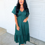 Smocked Washed Satin Tiered Maxi Dress - Emerald