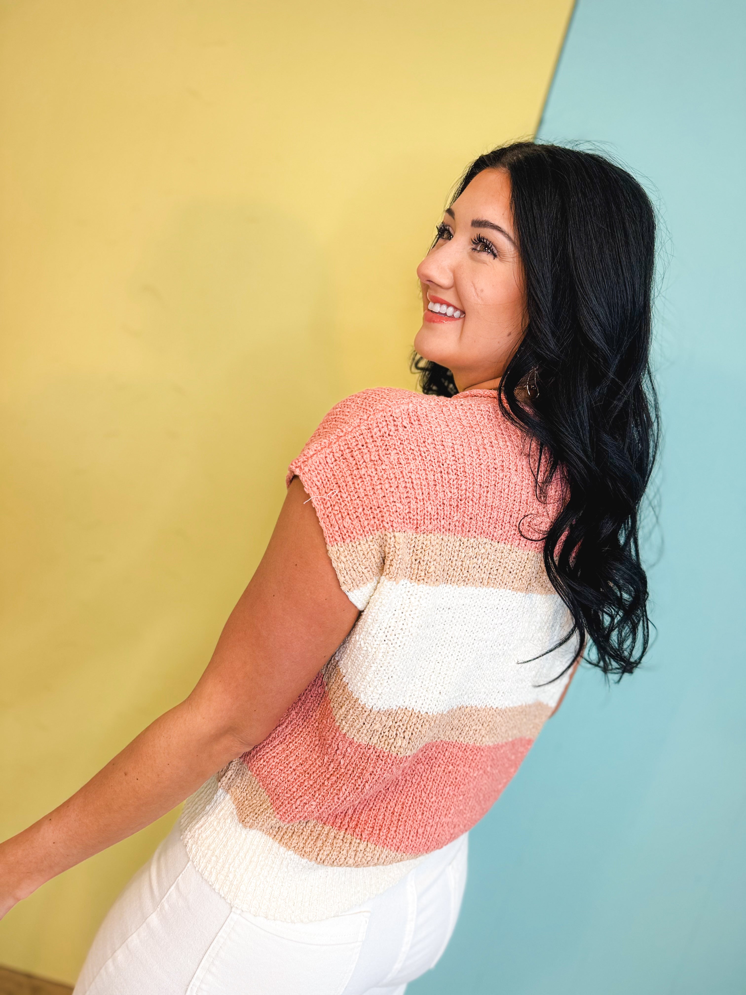 Color Block Textured Sweater Top - Peach/Ivory - Lace and Grace Boutique