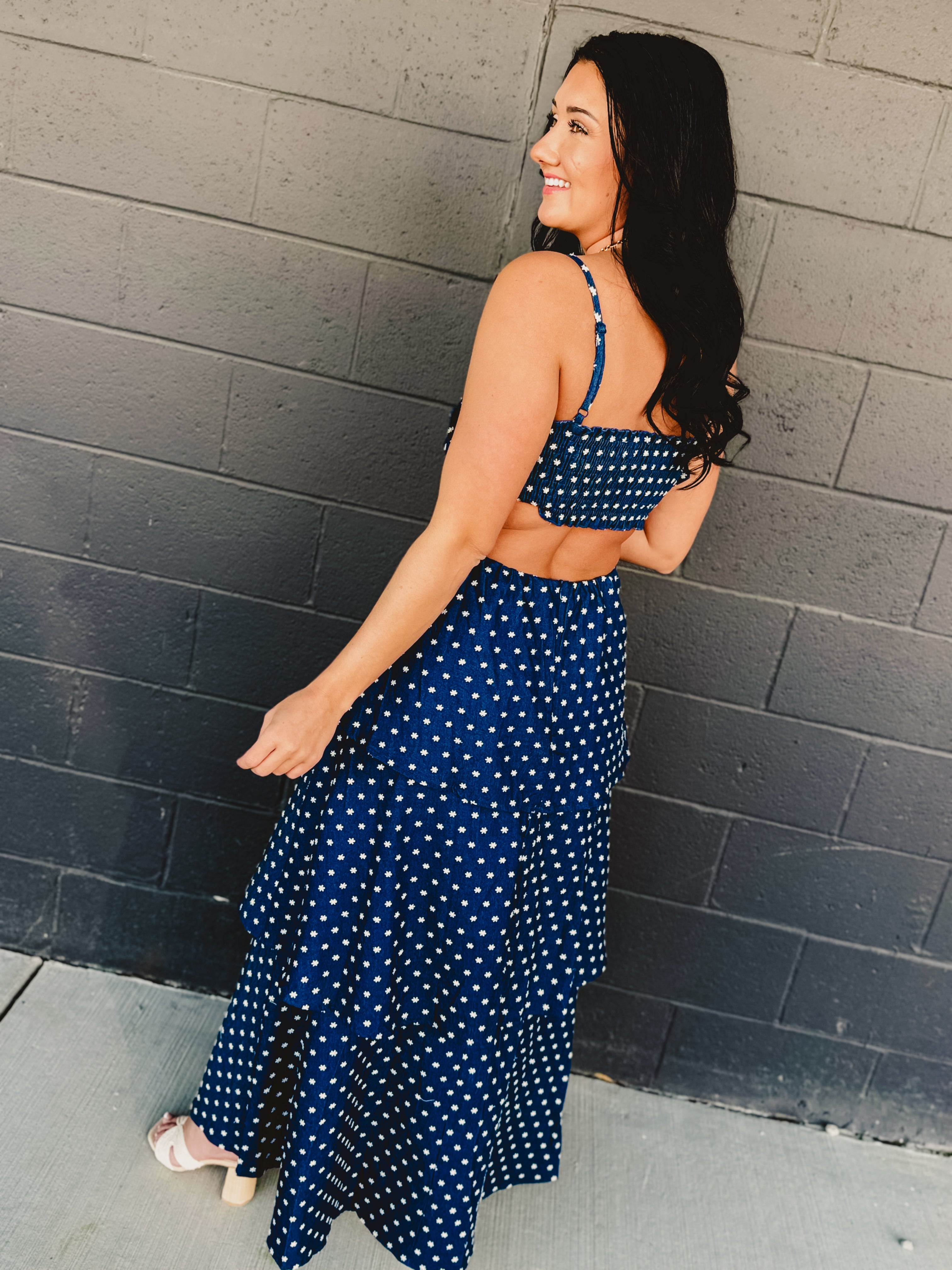 Denim Floral Embroidered Tiered Flare Maxi Dress - Lace and Grace Boutique