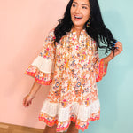 POL Paisley Beaded Mandarin Dress - Ivory/Orange Multi - Lace and Grace Boutique