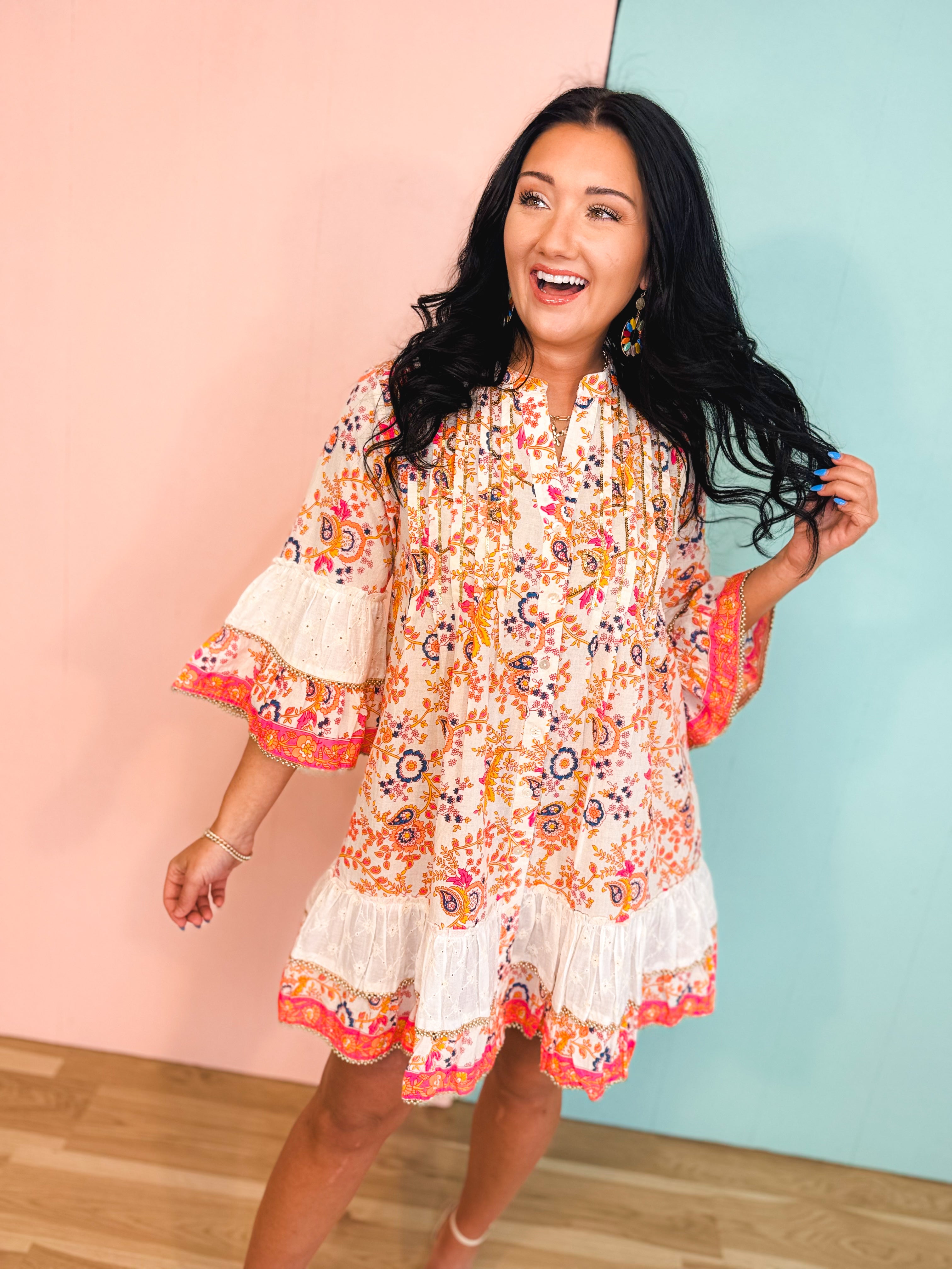 POL Paisley Beaded Mandarin Dress - Ivory/Orange Multi - Lace and Grace Boutique