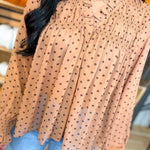 Polka Dot Printed Flowy Sheer Blouse - Mocha - Lace and Grace Boutique