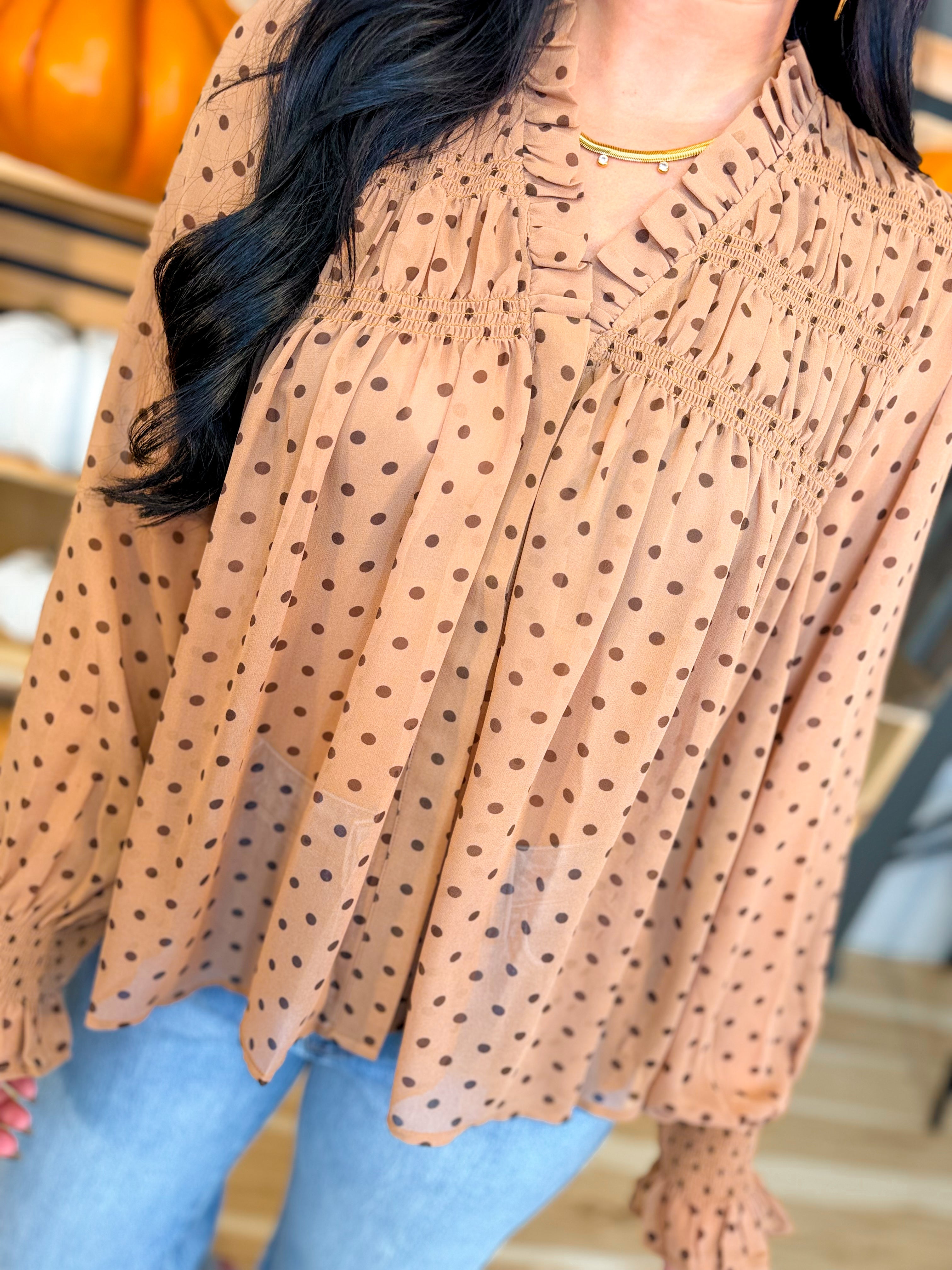 Polka Dot Printed Flowy Sheer Blouse - Mocha - Lace and Grace Boutique