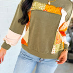 Bubble Sleeve Ribbed Patchwork Knit Top - Olive - Lace and Grace Boutique