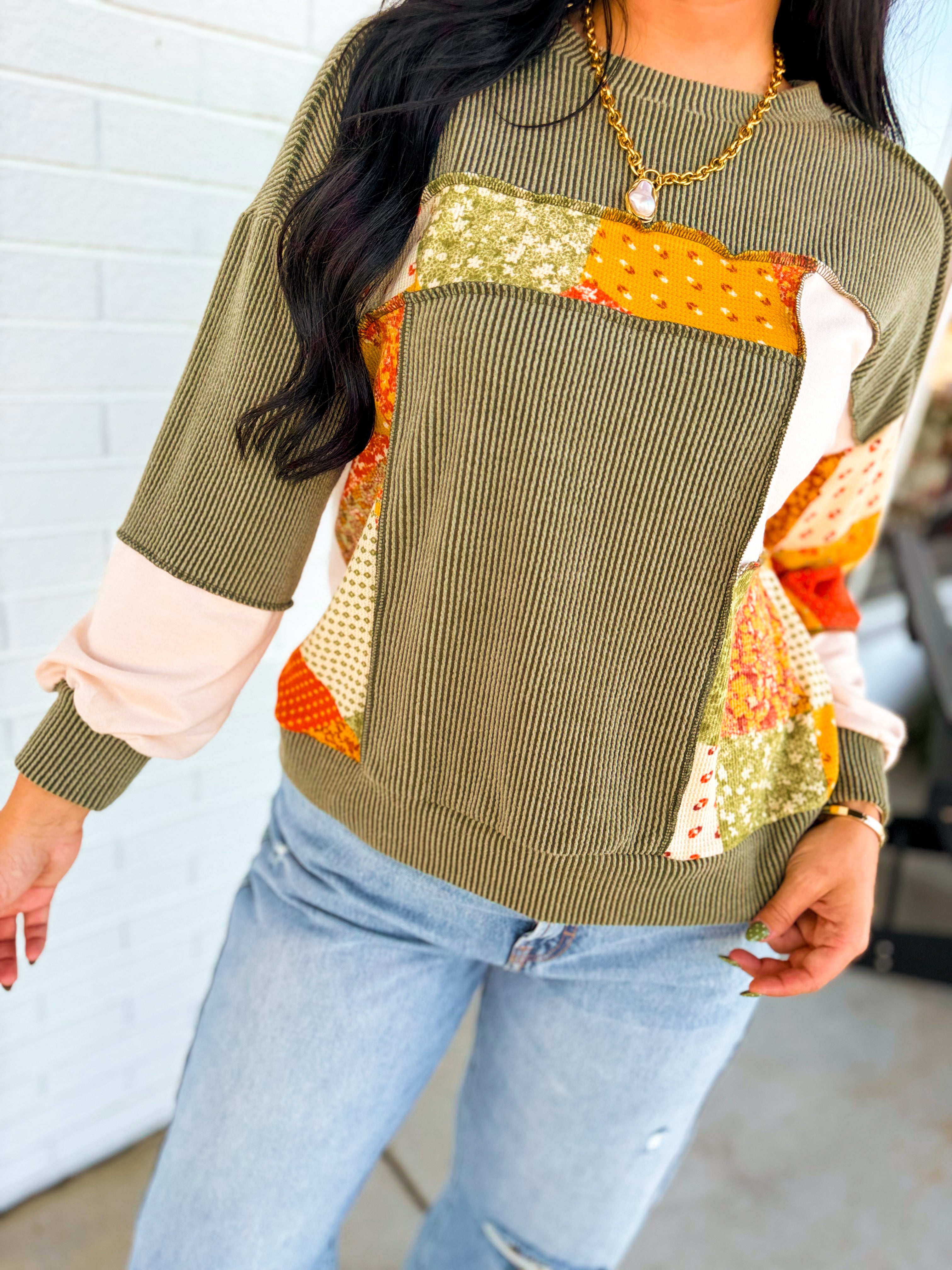 Bubble Sleeve Ribbed Patchwork Knit Top - Olive - Lace and Grace Boutique