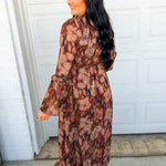 Fall Floral Print Button Up Smocked Midi Dress - Chocolate - Lace and Grace Boutique