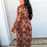Fall Floral Print Button Up Smocked Midi Dress - Chocolate - Lace and Grace Boutique
