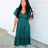Smocked Washed Satin Tiered Maxi Dress - Emerald