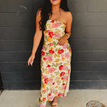 Strapless Bias Cut Satin Maxi Dress - Garden Multi - Lace and Grace Boutique