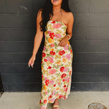 Strapless Bias Cut Satin Maxi Dress - Garden Multi - Lace and Grace Boutique