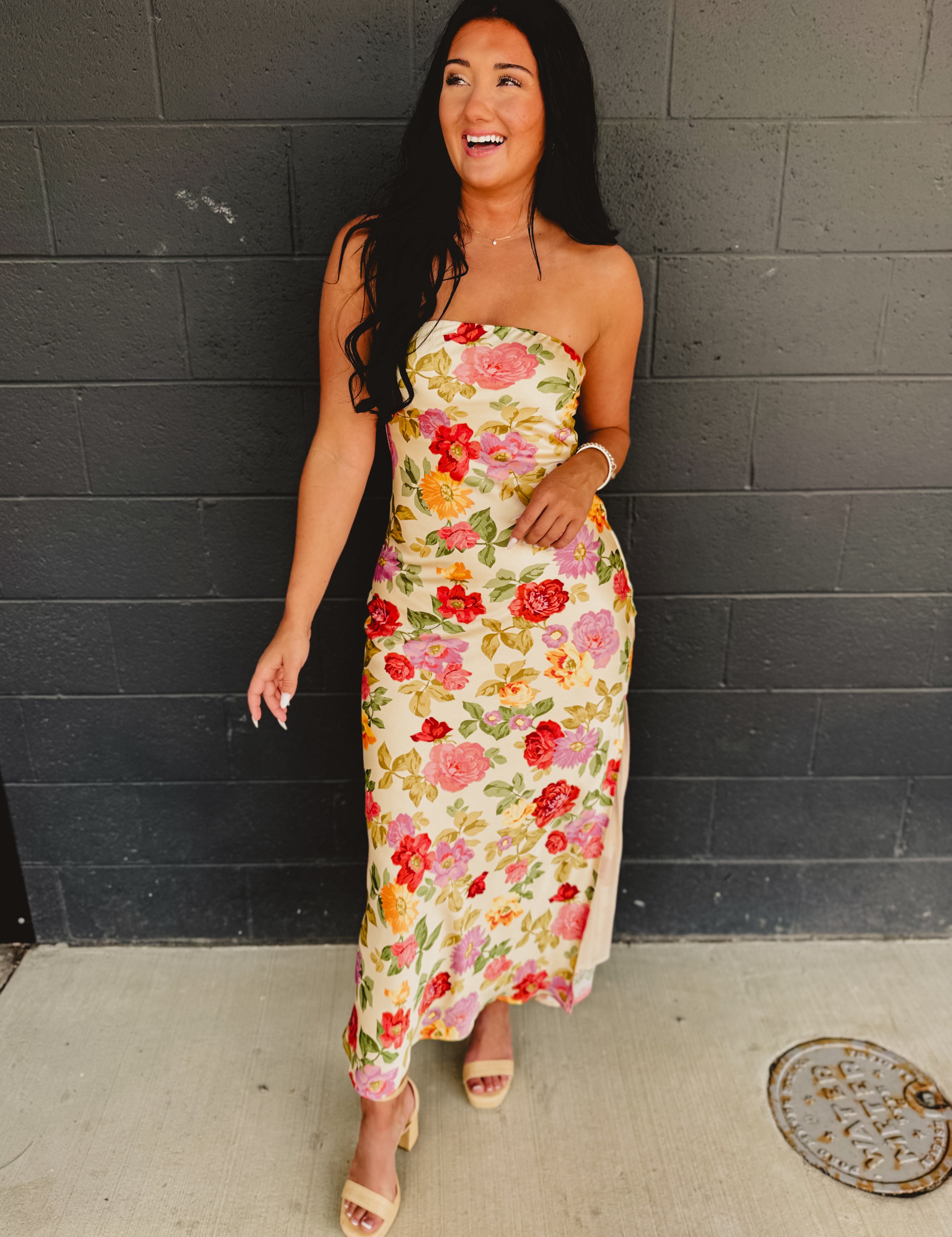 Strapless Bias Cut Satin Maxi Dress - Garden Multi - Lace and Grace Boutique