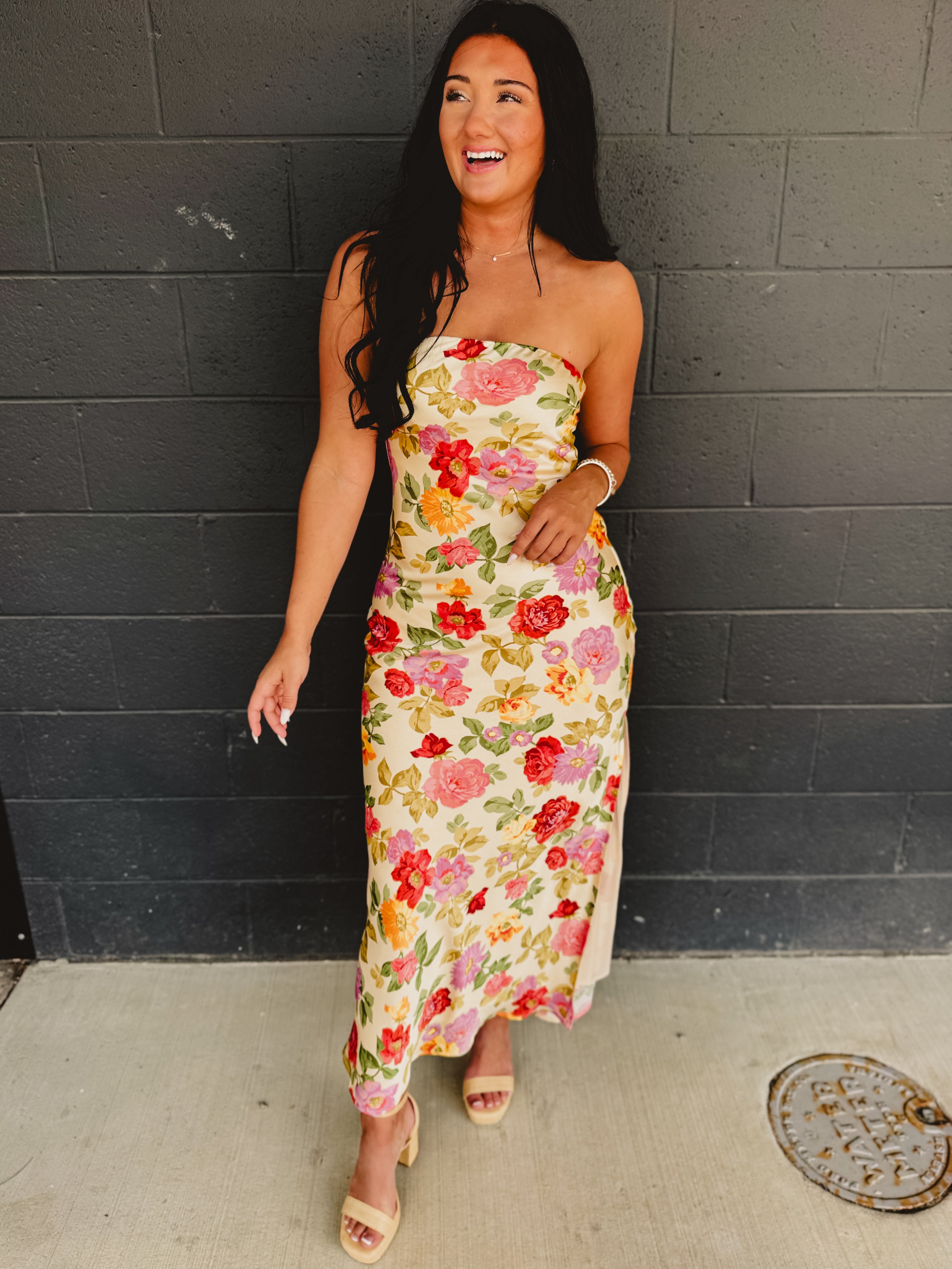 Strapless Bias Cut Satin Maxi Dress - Garden Multi - Lace and Grace Boutique