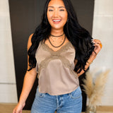 Satin Lace Trim Camisole Tank Top - Mushroom - Lace and Grace Boutique