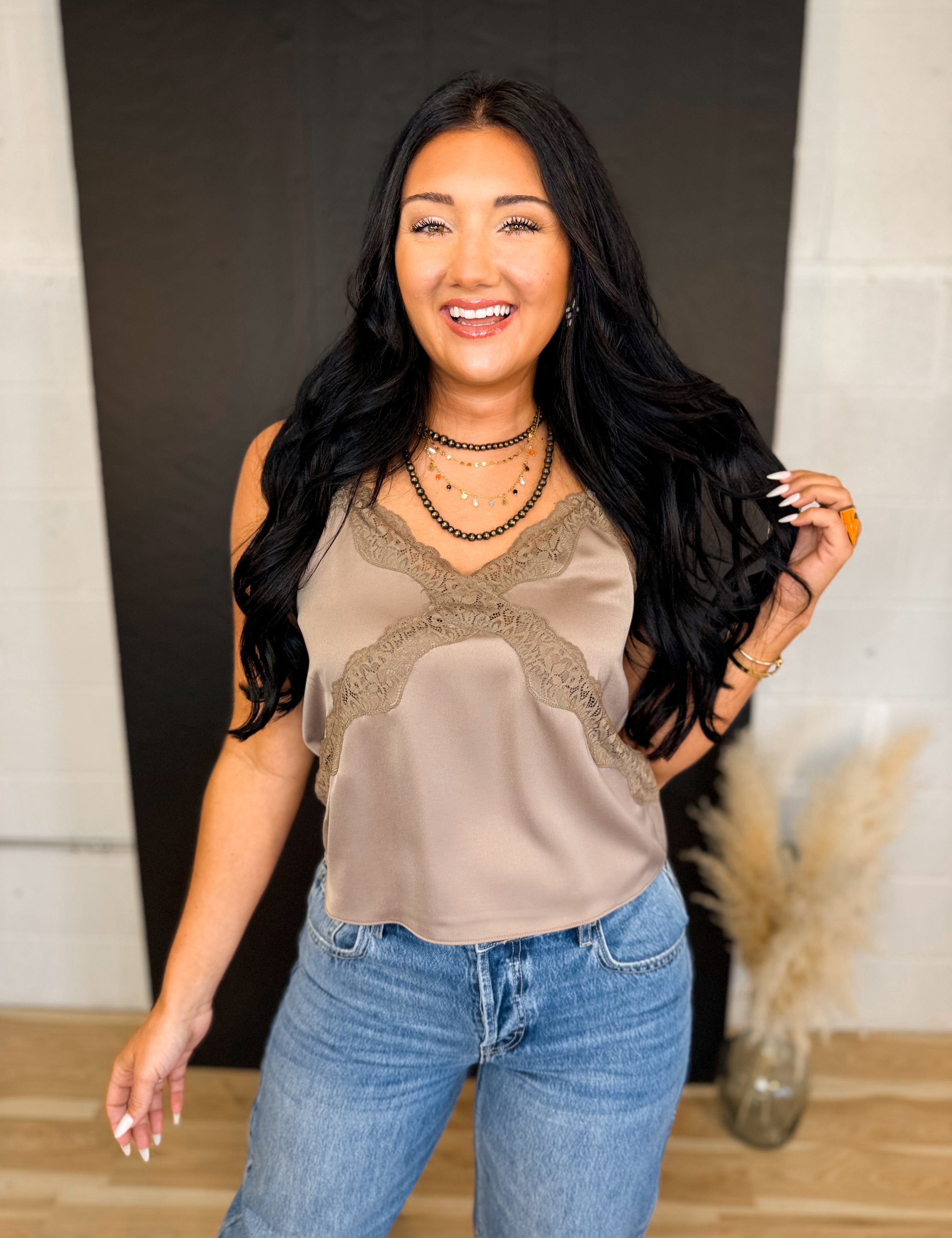 Satin Lace Trim Camisole Tank Top - Mushroom - Lace and Grace Boutique