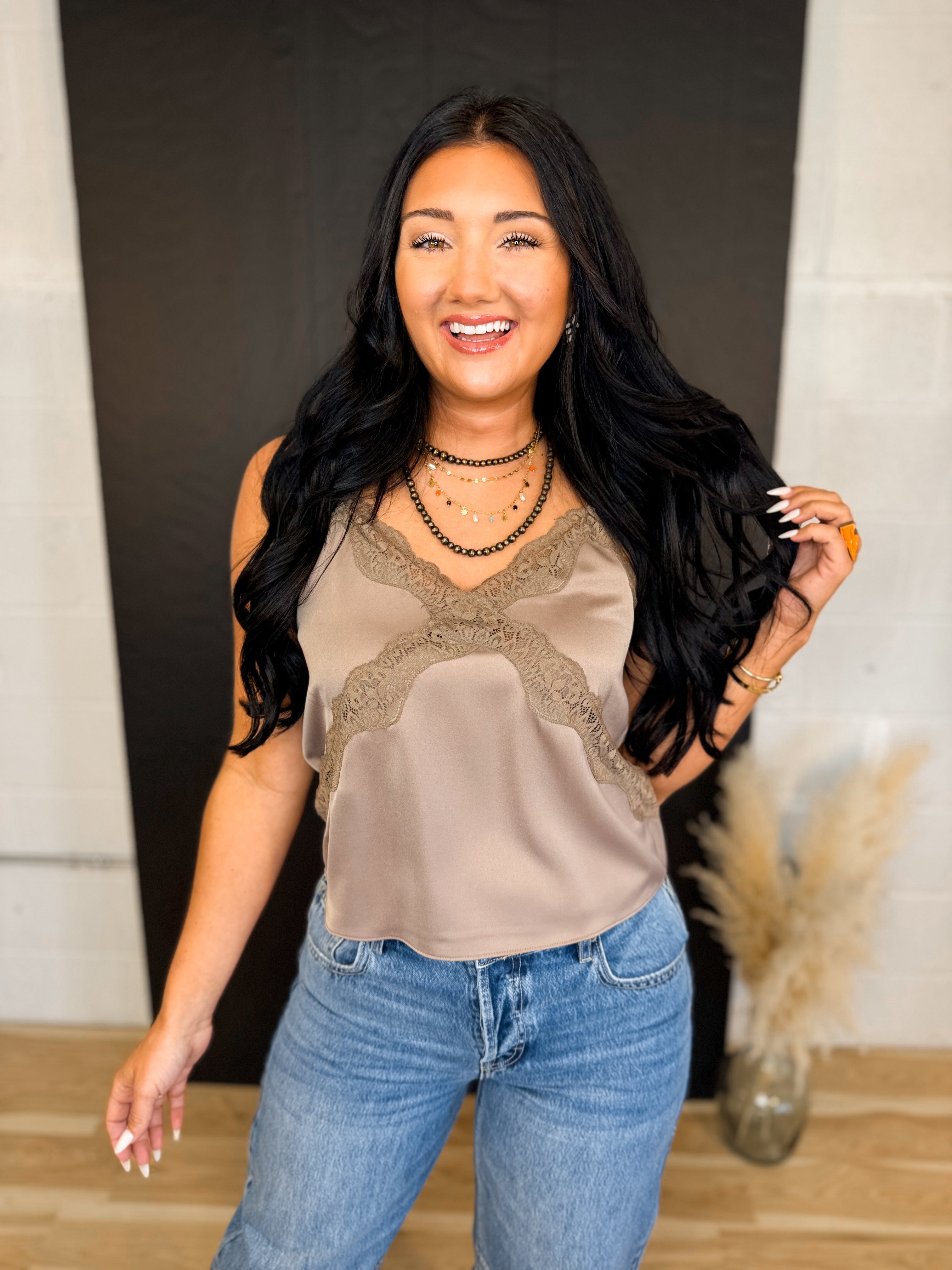 Satin Lace Trim Camisole Tank Top - Mushroom - Lace and Grace Boutique
