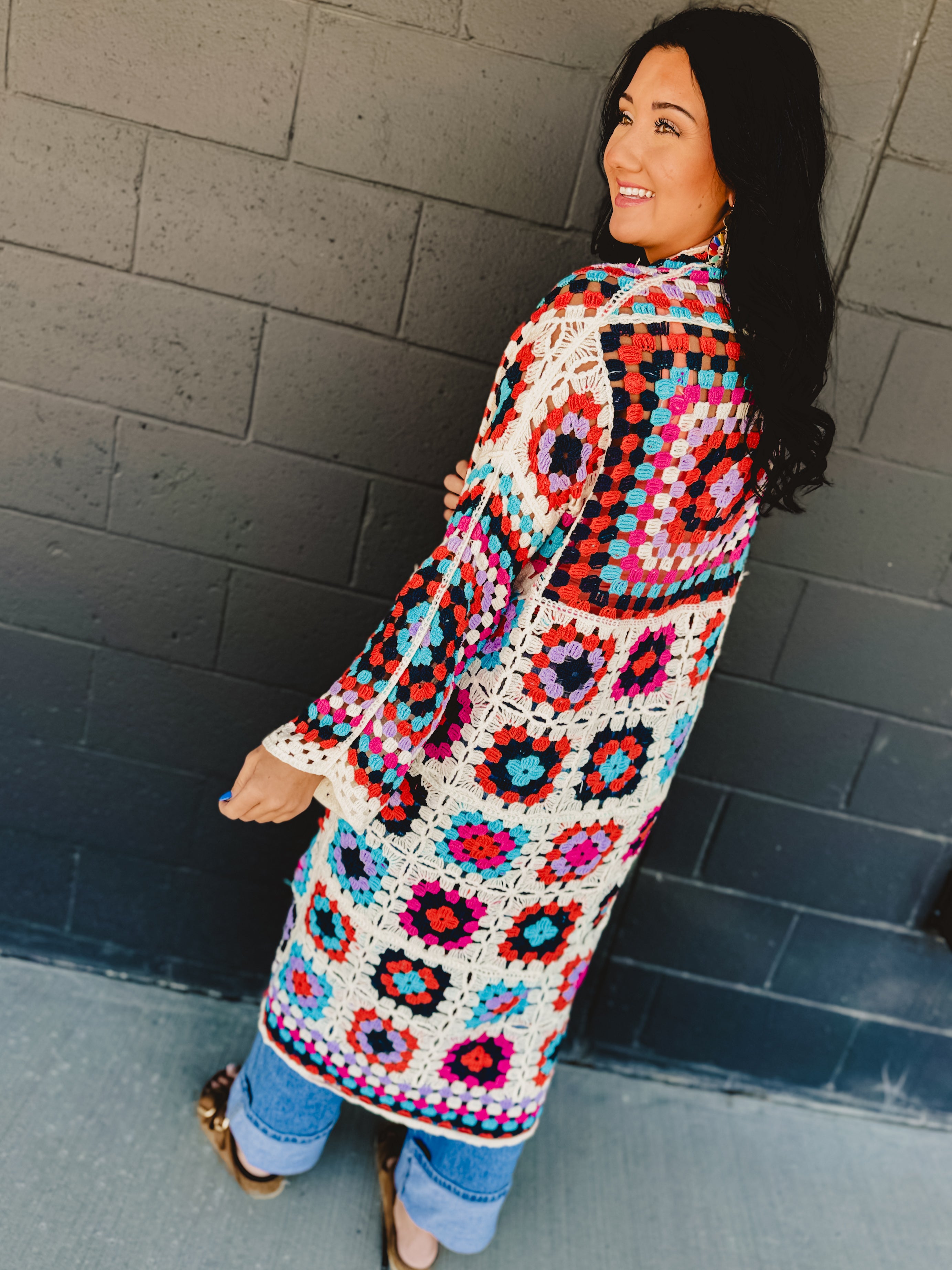 POL Granny Square Crochet Cardigan - Beige Multi - Lace and Grace Boutique