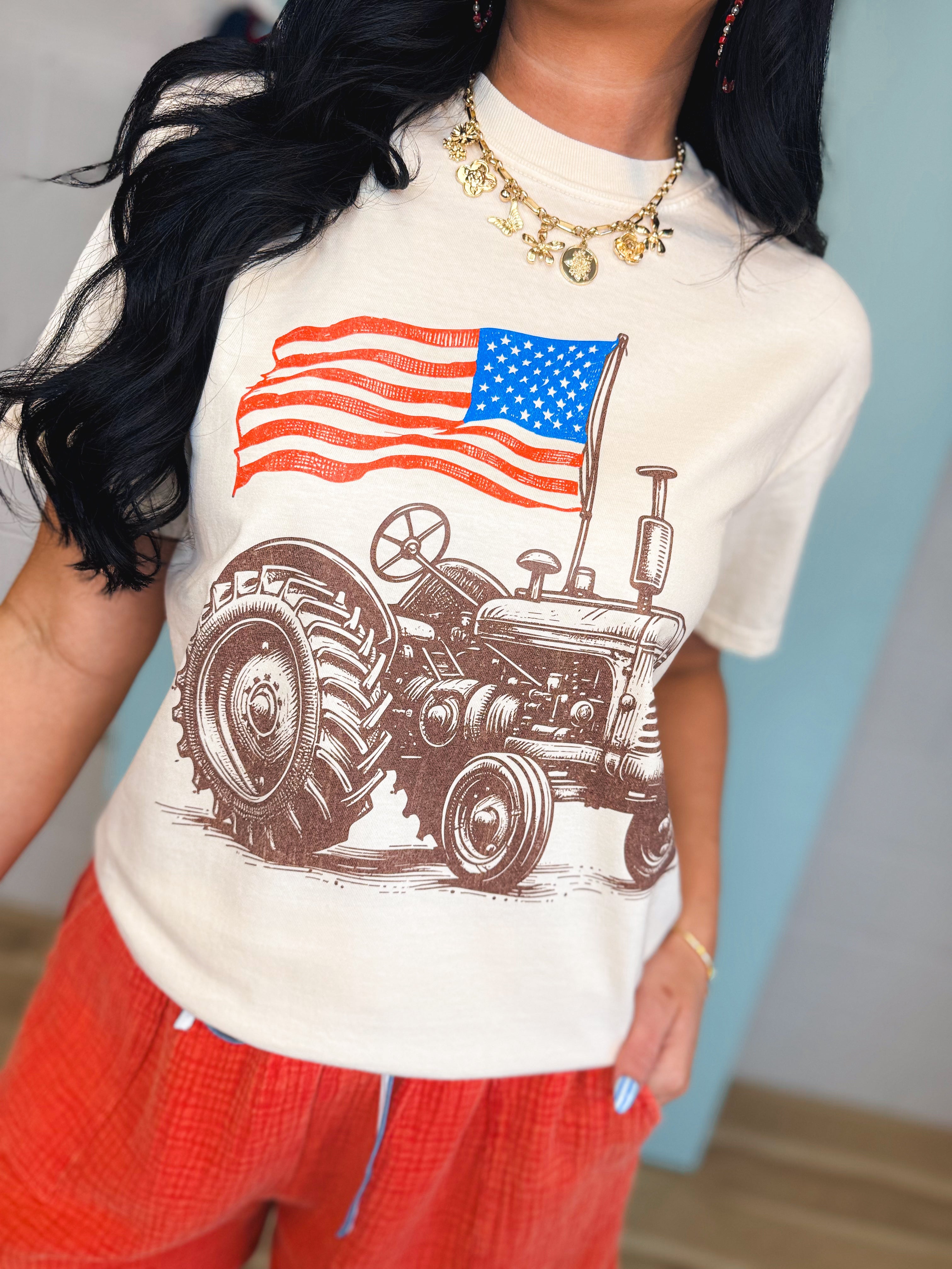 American Flag Tractor Graphic Tee - Ivory - Lace and Grace Boutique