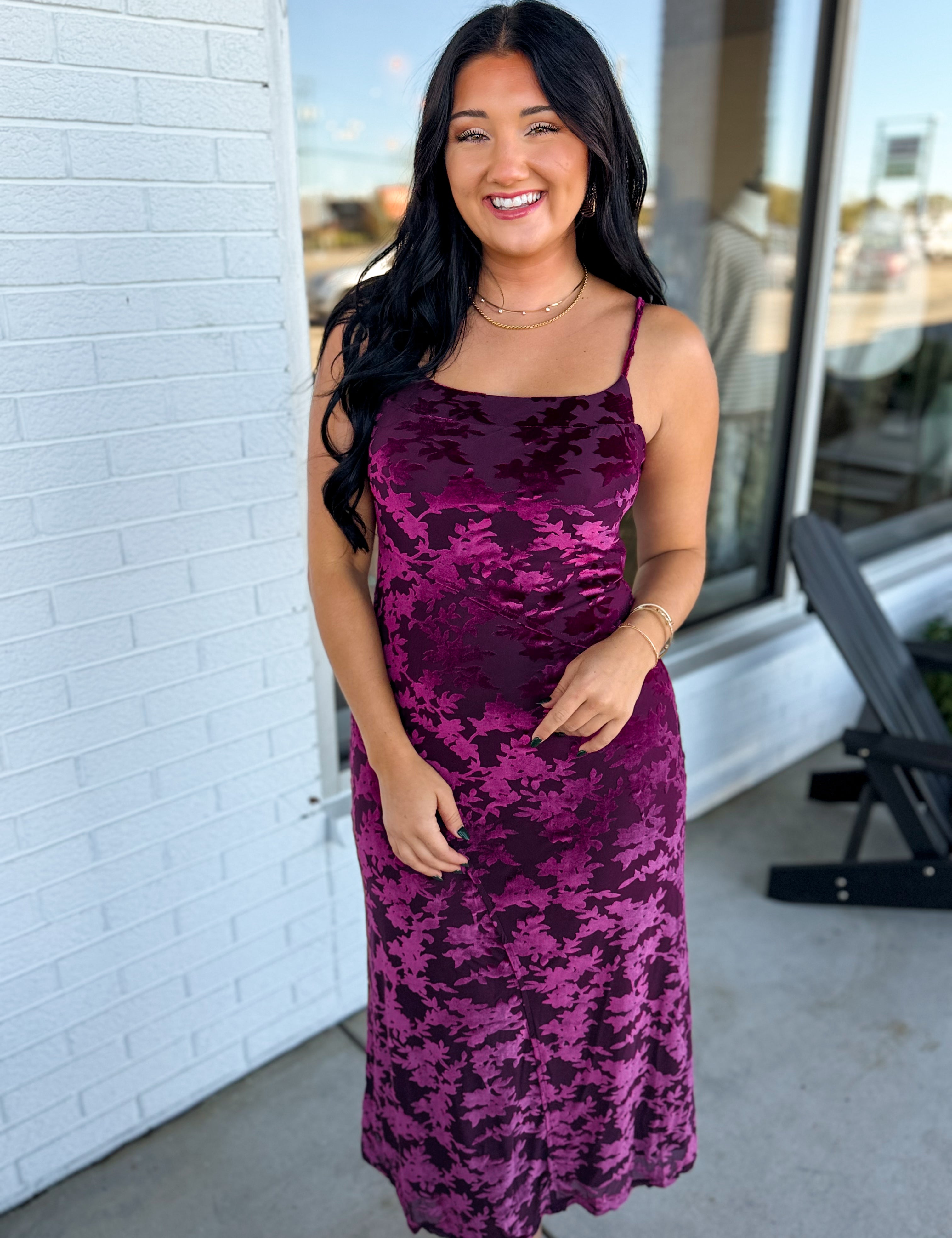 Burnout Velvet Spaghetti Strap Midi Dress - Burgundy - Lace and Grace Boutique
